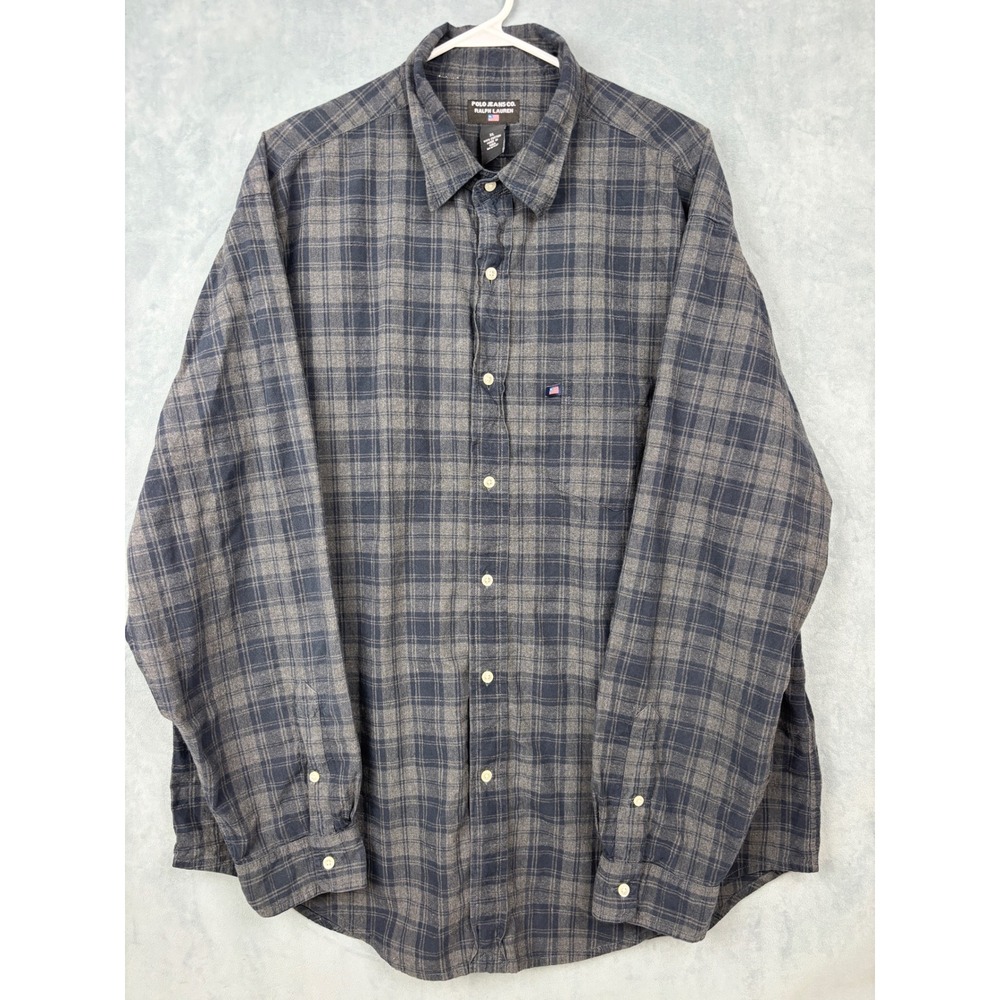 Polo Jeans Co Ralph Lauren Plaid Flannel Shirt XL Gray Blue Long Sleeve Cotton